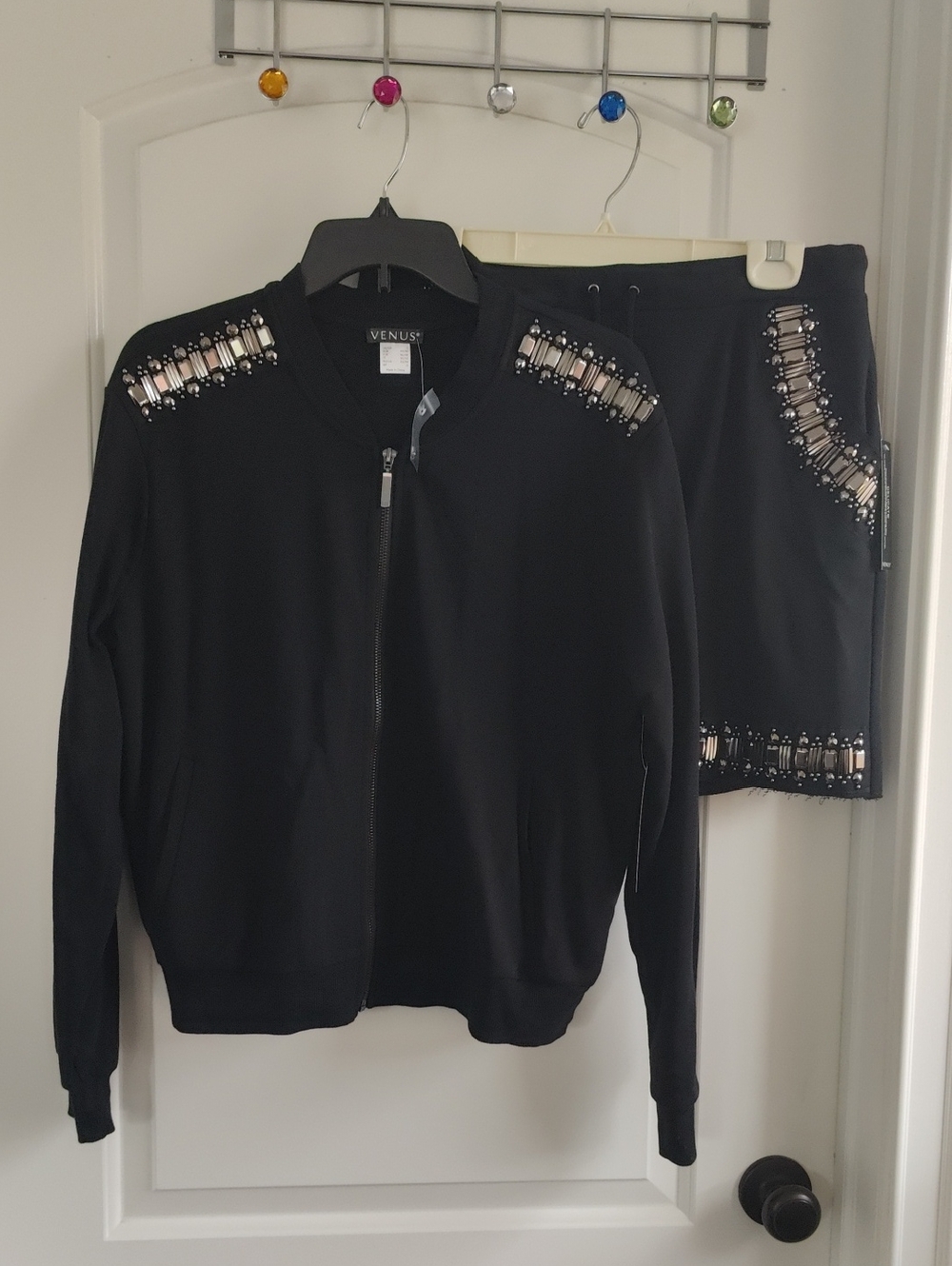 VENUS Women's Black Embellished Bomber Jacket and Skirt Set